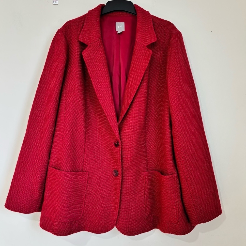 J. Jill women's XL classic red button up wool blend textured tweed office blazer